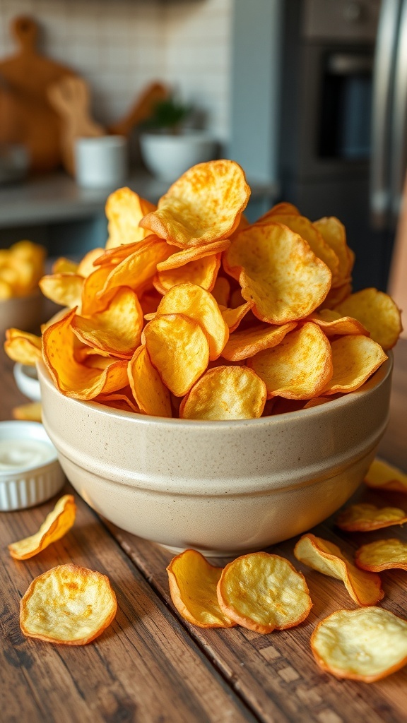 A bowl of golden homemade potato chips with a small dish of dip on a wooden table.
